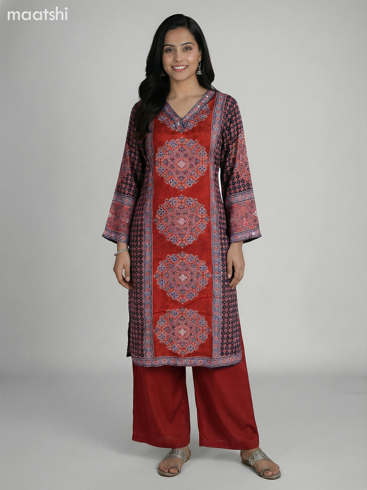 Maroon and Black Crepe Silk Ajrakh Printed Kurti Set