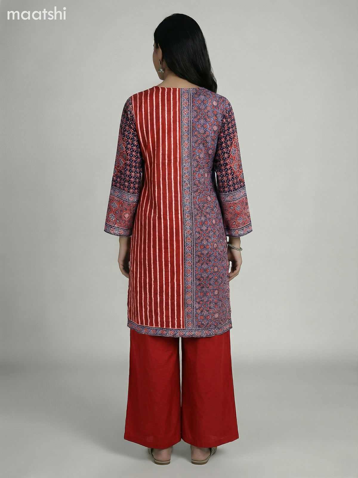 Maroon and Black Crepe Silk Ajrakh Printed Kurti Set
