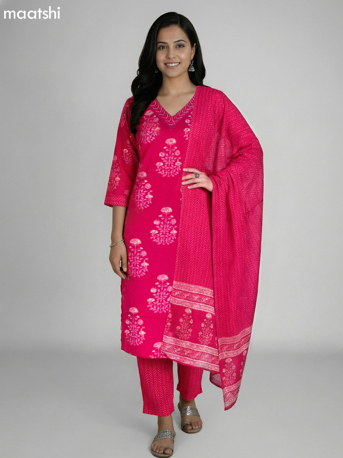 Pink Cotton Printed Straight Suit