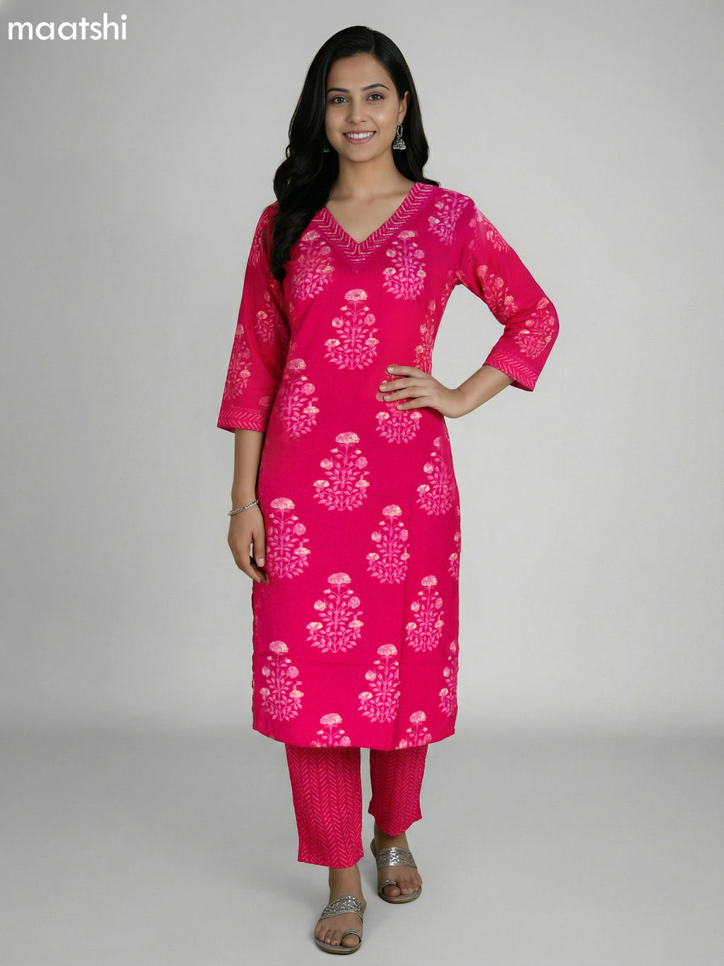 Pink Cotton Printed Straight Suit