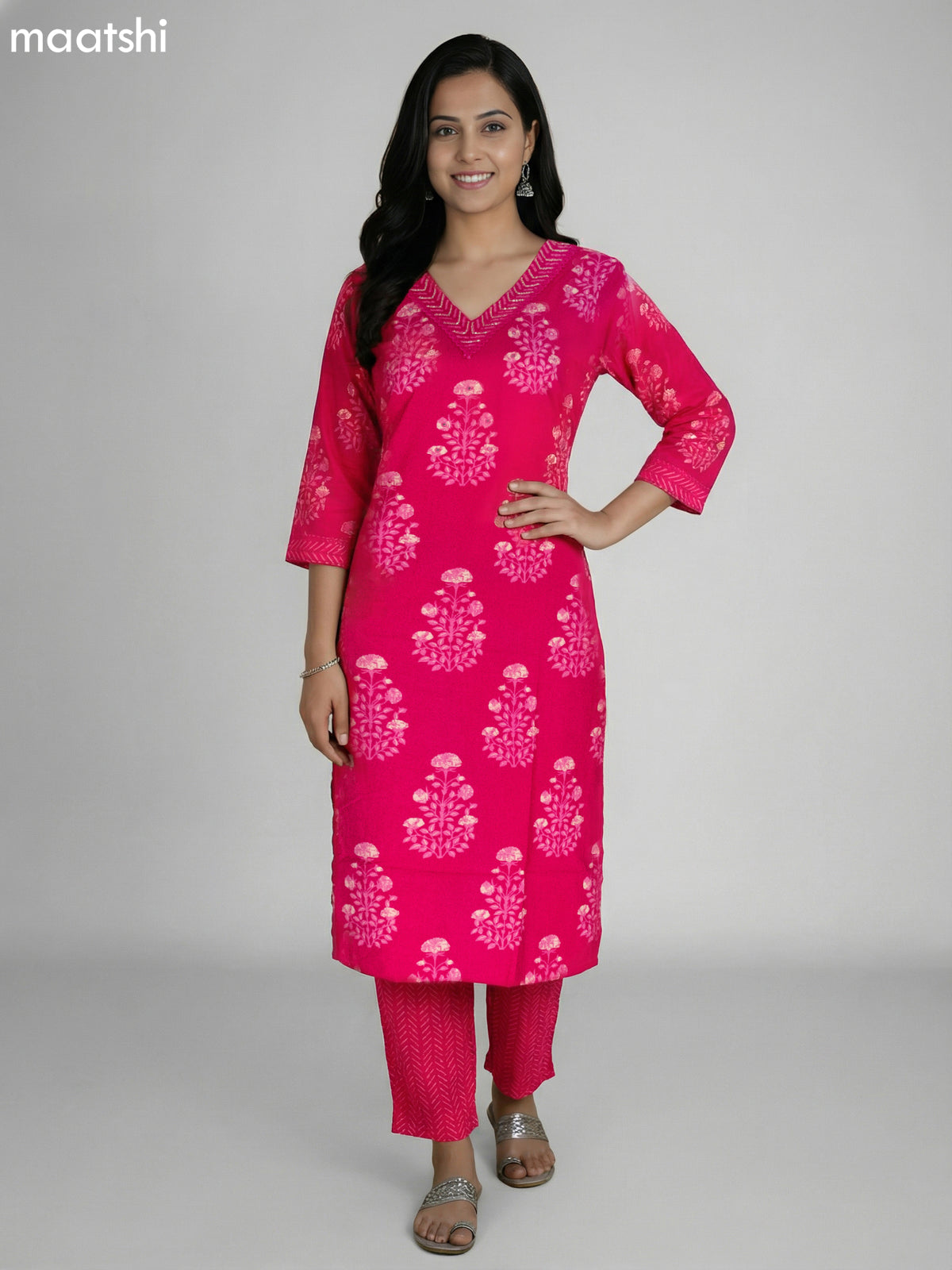 Pink Cotton Printed Straight Suit
