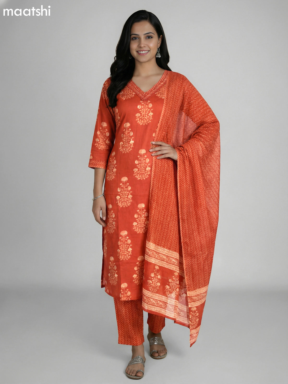 Rustic Orange Cotton Printed Straight Suit