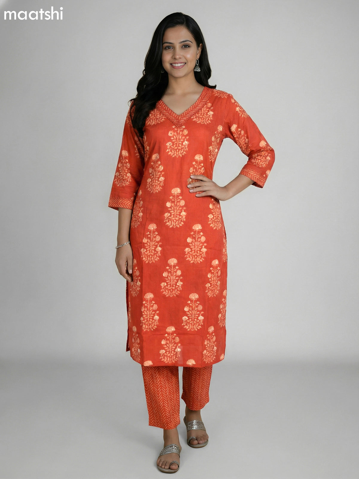 Rustic Orange Cotton Printed Straight Suit