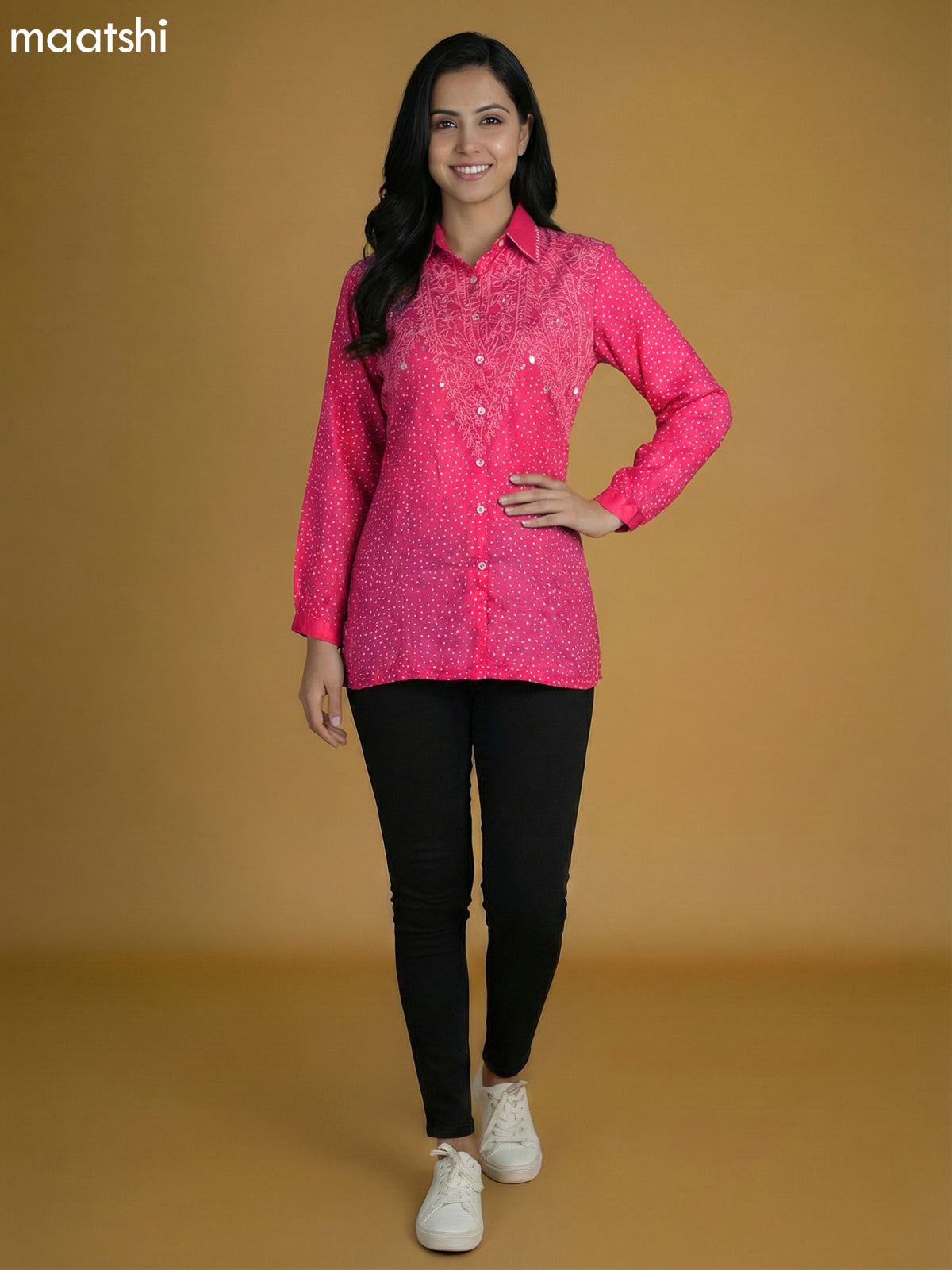 Candy Pink Crepe Silk Bandhini Printed Women Shirt