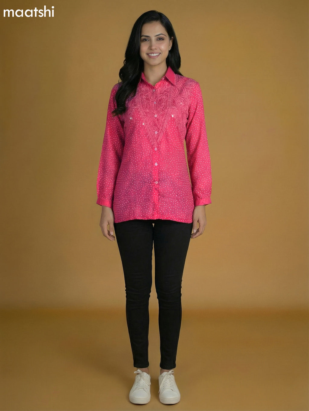 Candy Pink Crepe Silk Bandhini Printed Women Shirt