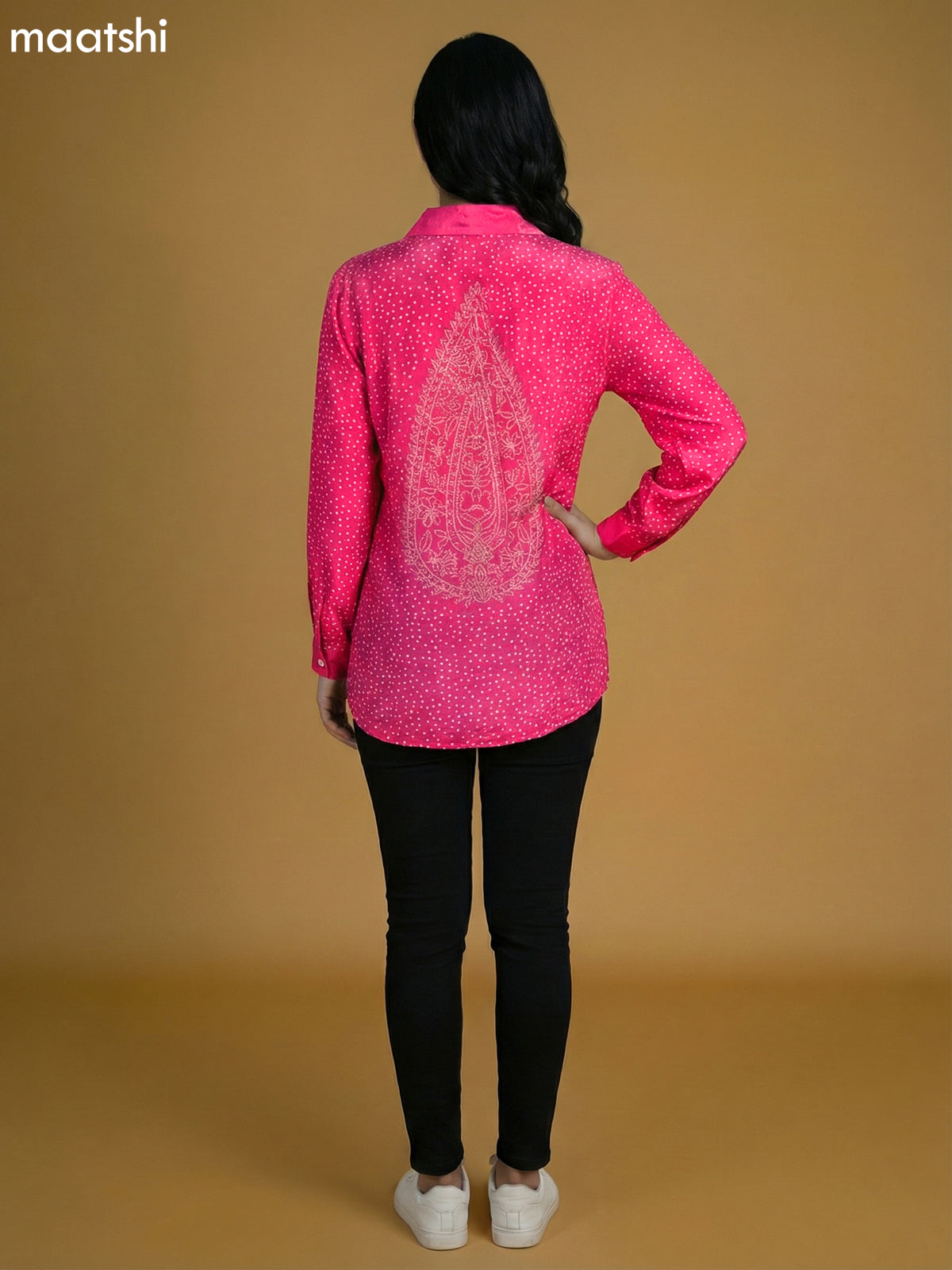 Candy Pink Crepe Silk Bandhini Printed Women Shirt