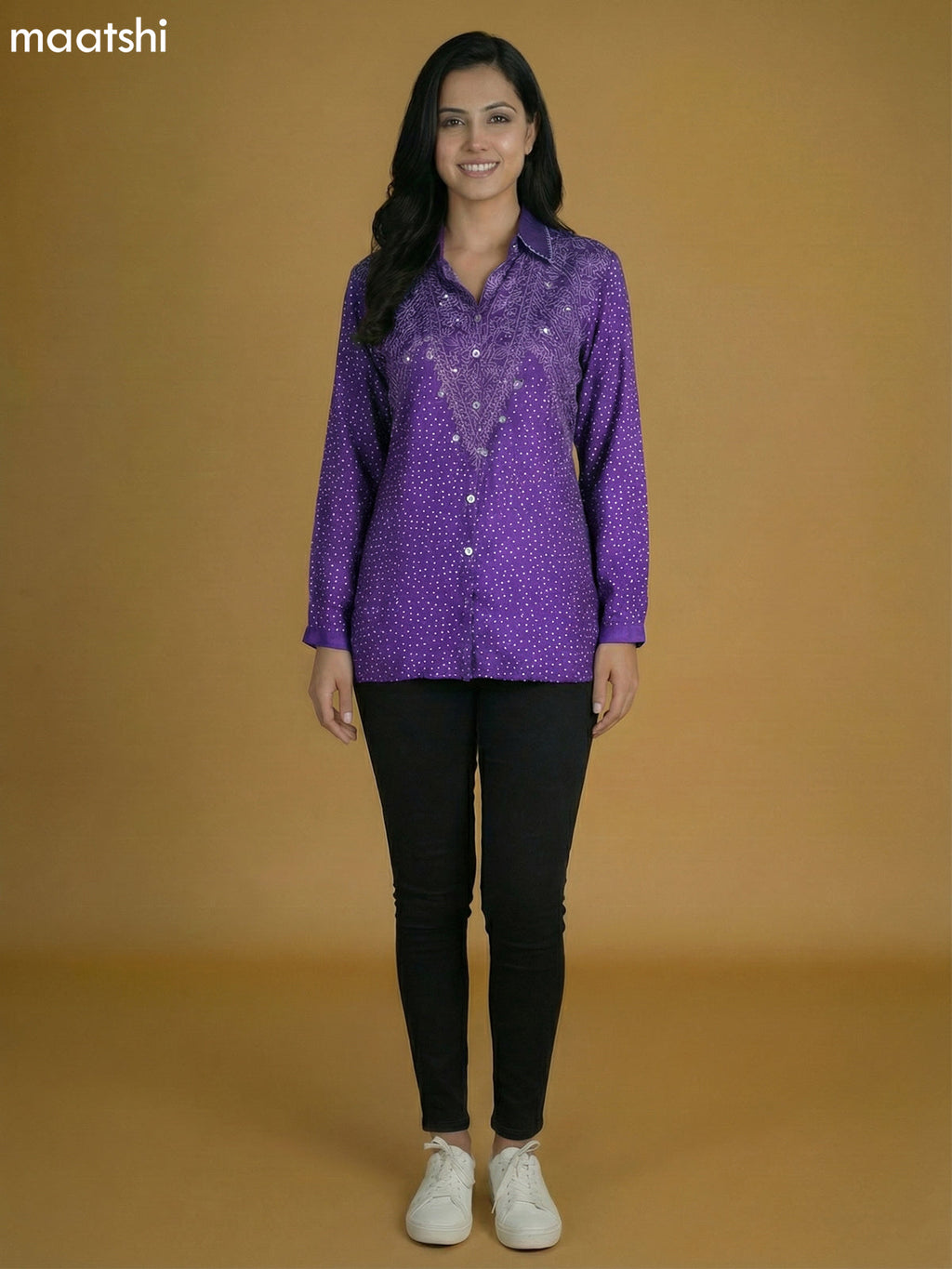 Purple Crepe Silk Bandhini Printed Women Shirt