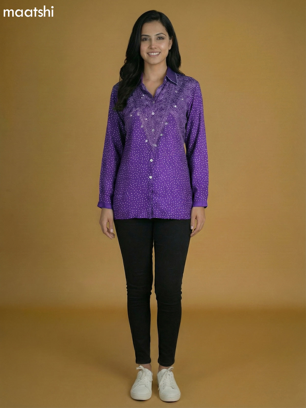 Purple Crepe Silk Bandhini Printed Women Shirt