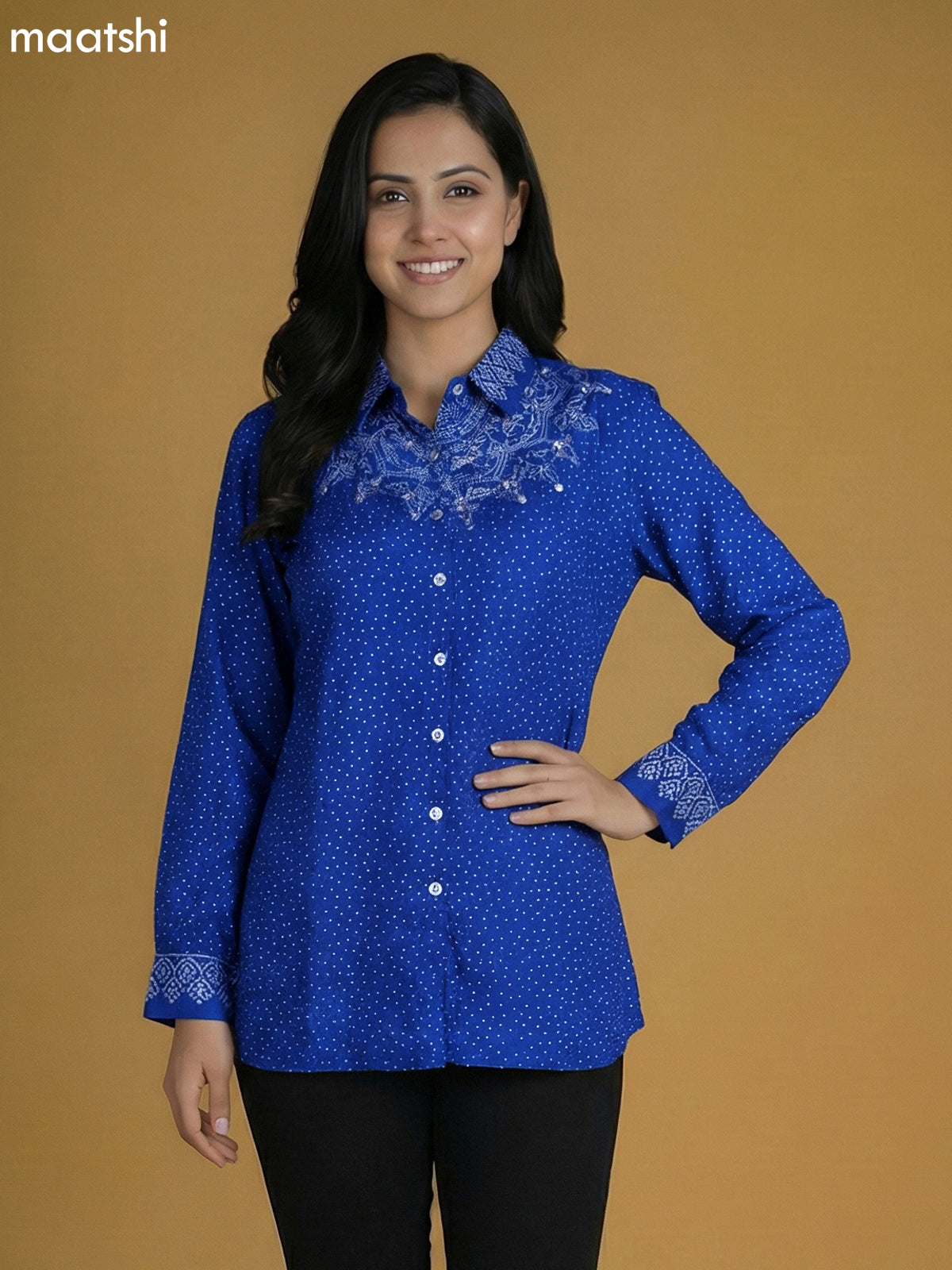 Blue Crepe Silk Bandhini Printed Women Shirt