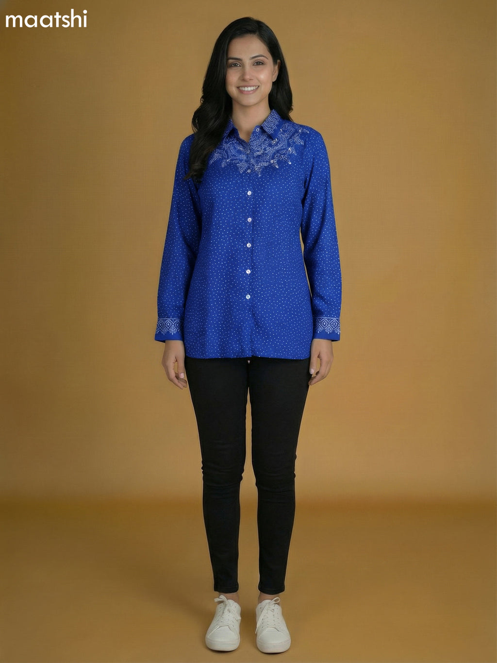Blue Crepe Silk Bandhini Printed Women Shirt