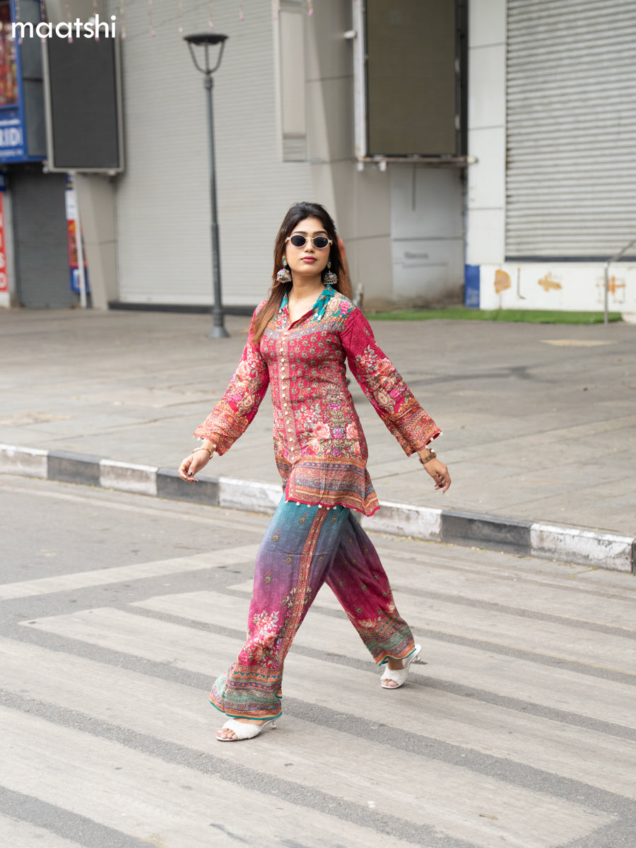Teal Green and Pink Crepe Silk With Slip & Floral Printed Co-Ord Set