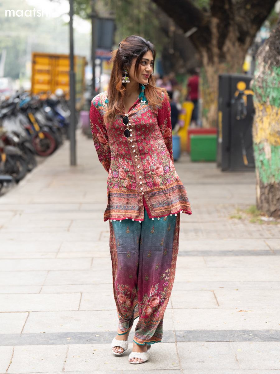 Teal Green and Pink Crepe Silk With Slip & Floral Printed Co-Ord Set