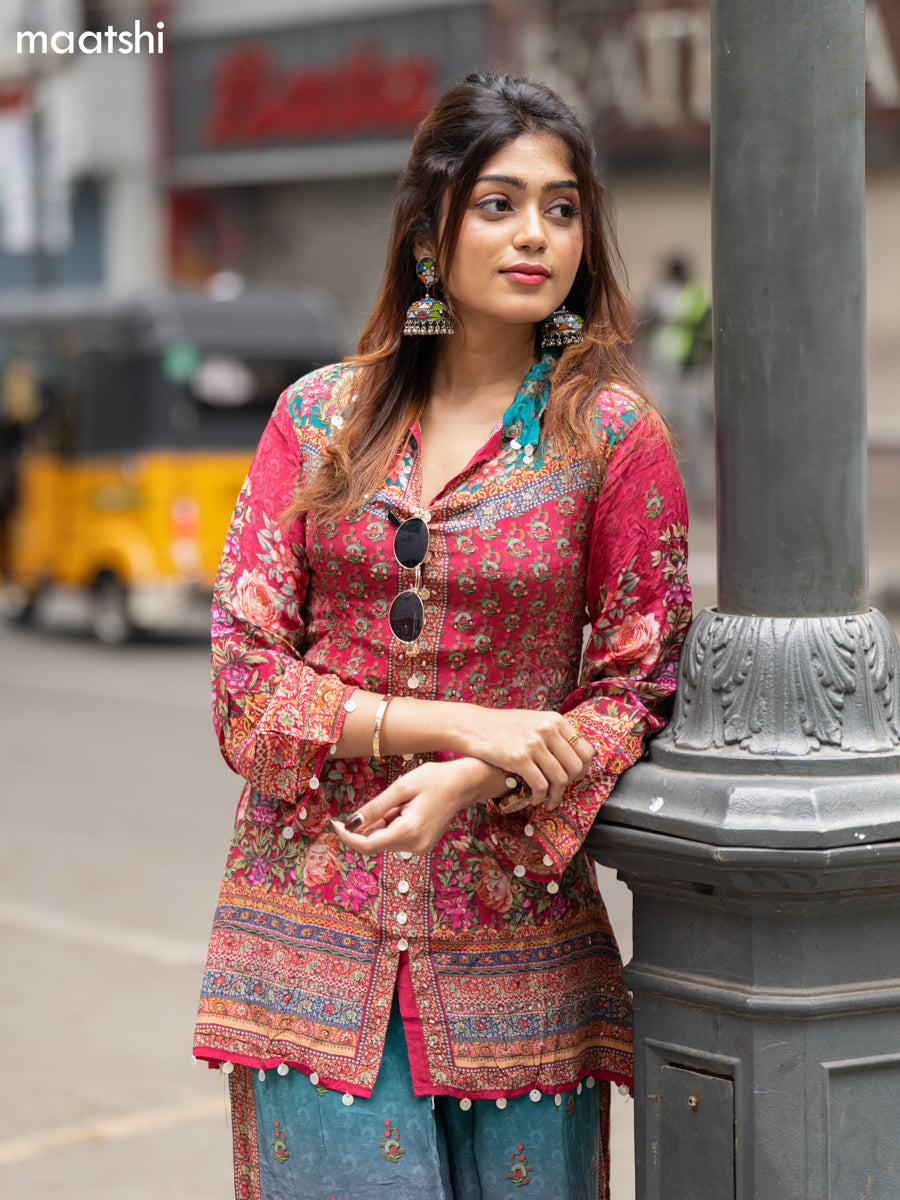 Teal Green and Pink Crepe Silk With Slip & Floral Printed Co-Ord Set