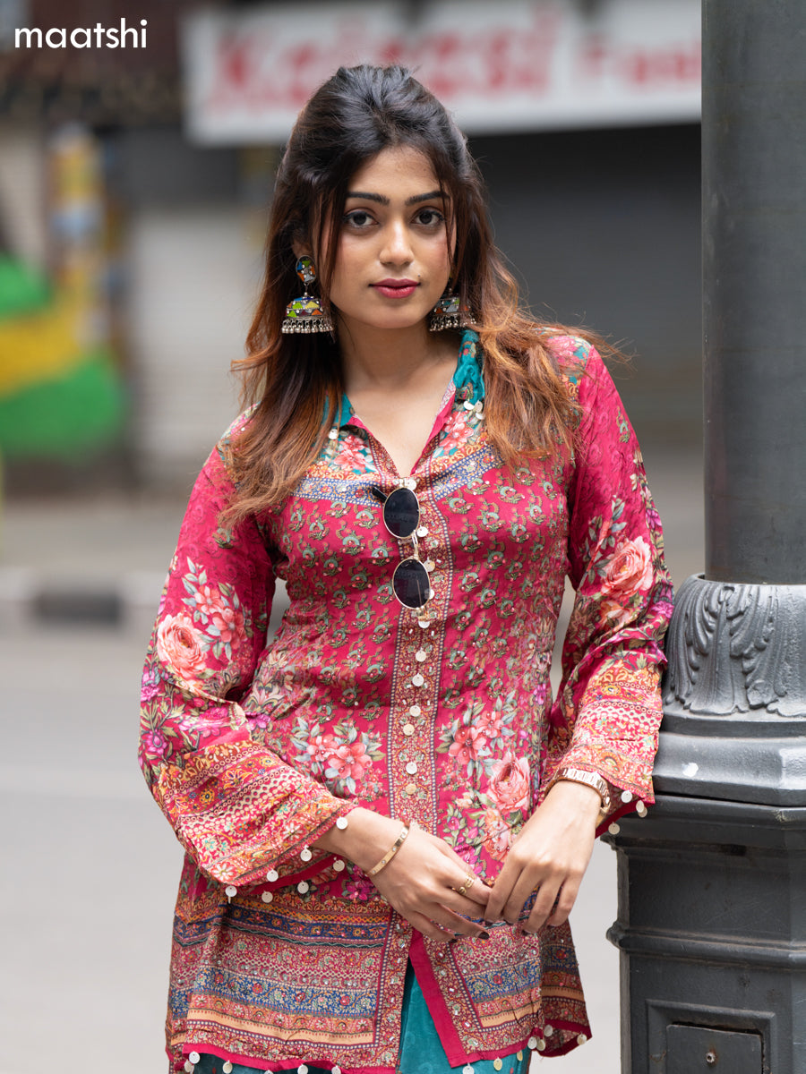 Teal Green and Pink Crepe Silk With Slip & Floral Printed Co-Ord Set