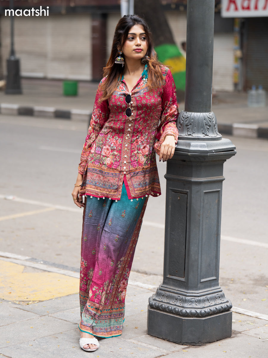 Teal Green and Pink Crepe Silk With Slip & Floral Printed Co-Ord Set