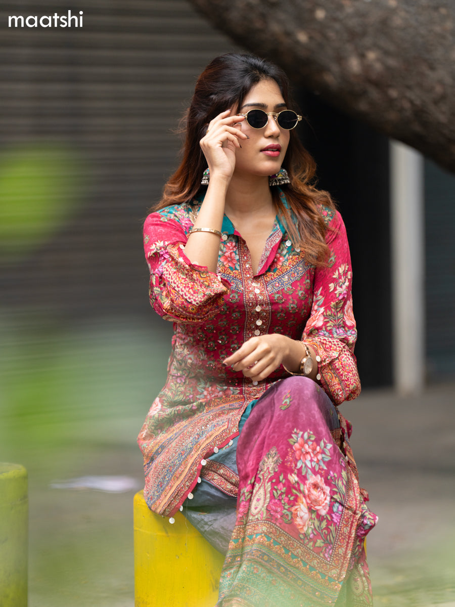 Teal Green and Pink Crepe Silk With Slip & Floral Printed Co-Ord Set