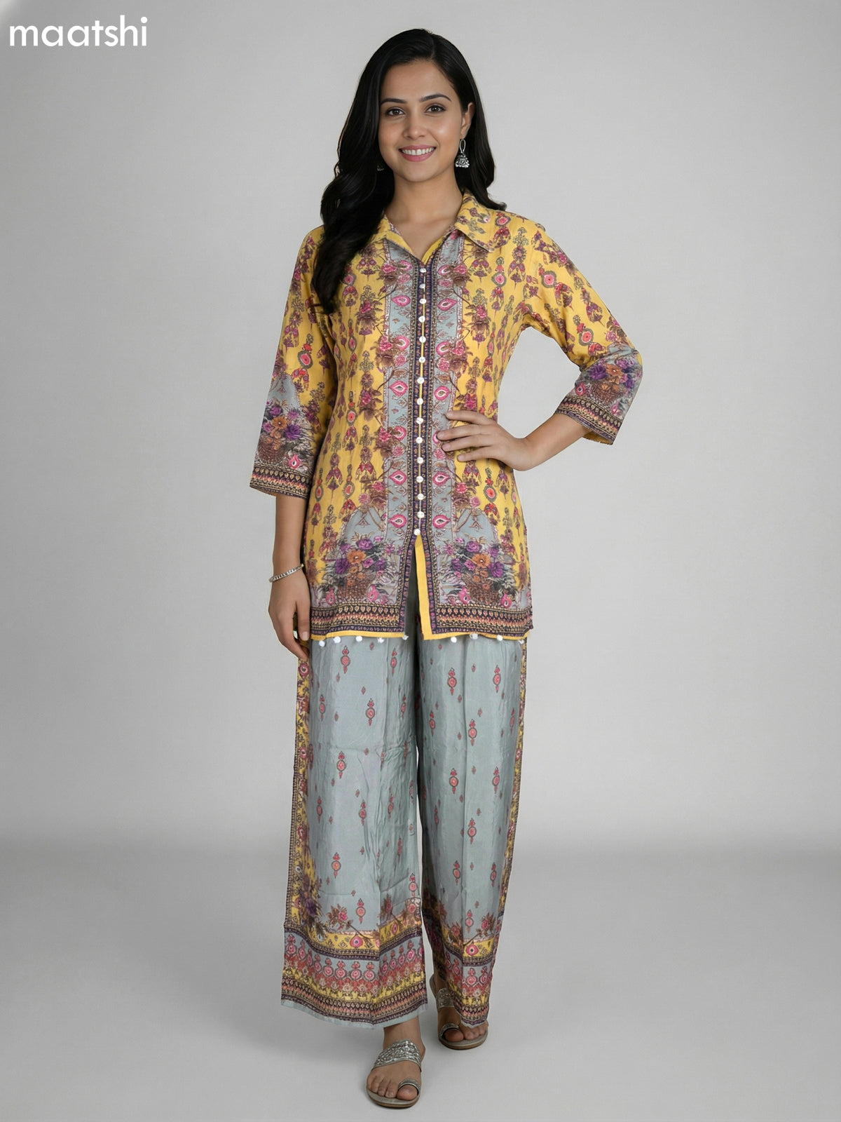 Yellow and Pastel Green Crepe Silk With Slip & Floral Printed Co-Ord Set