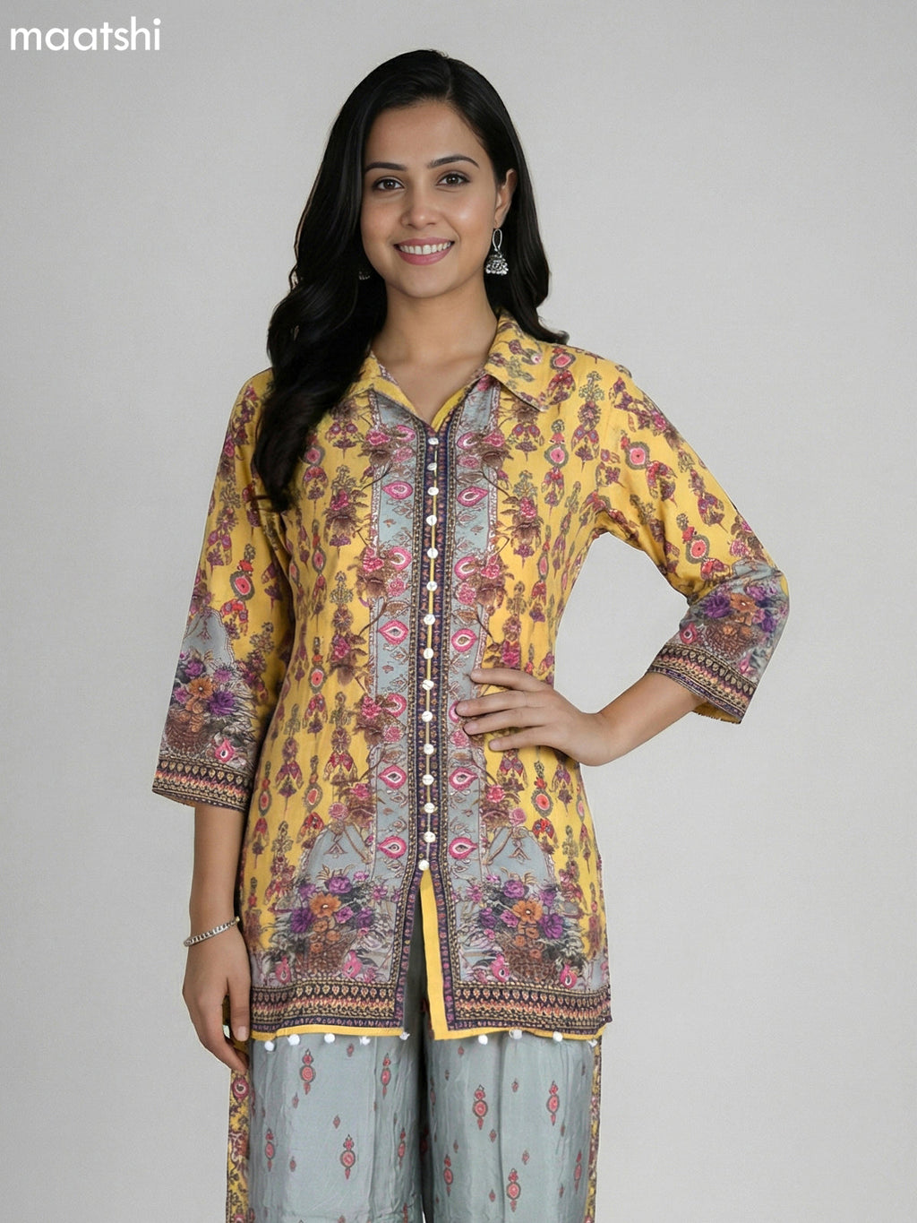 Yellow and Pastel Green Crepe Silk With Slip & Floral Printed Co-Ord Set