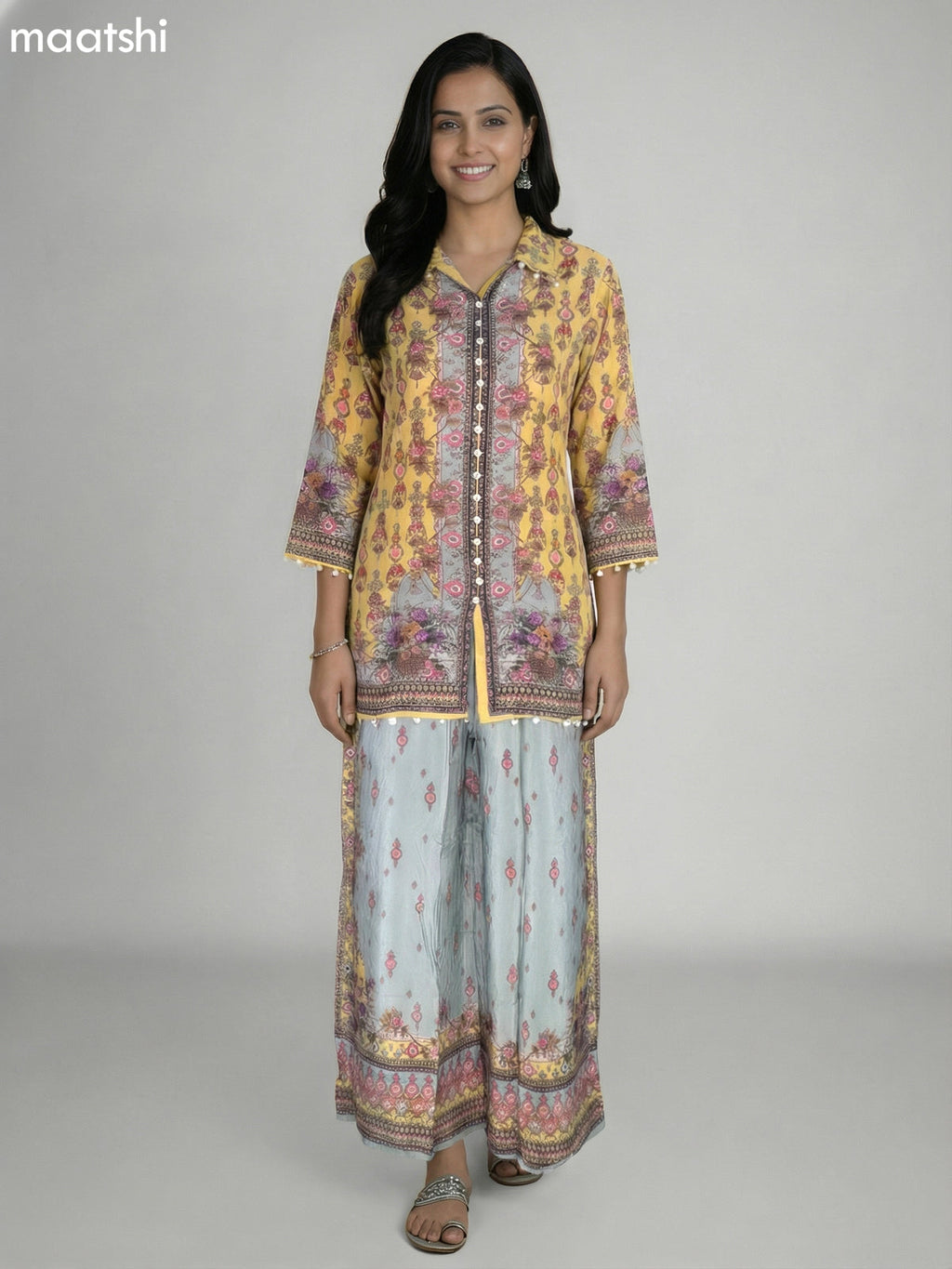 Yellow and Pastel Green Crepe Silk With Slip & Floral Printed Co-Ord Set