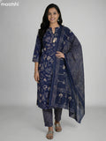 Navy Blue Cotton Printed & Kantha Stich Work Straight Suit