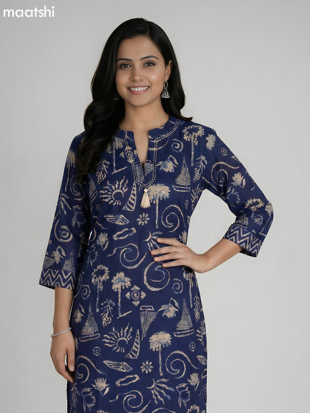 Navy Blue Cotton Printed & Kantha Stich Work Straight Suit