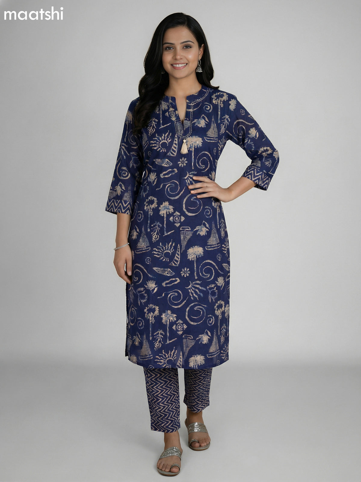 Navy Blue Cotton Printed & Kantha Stich Work Straight Suit