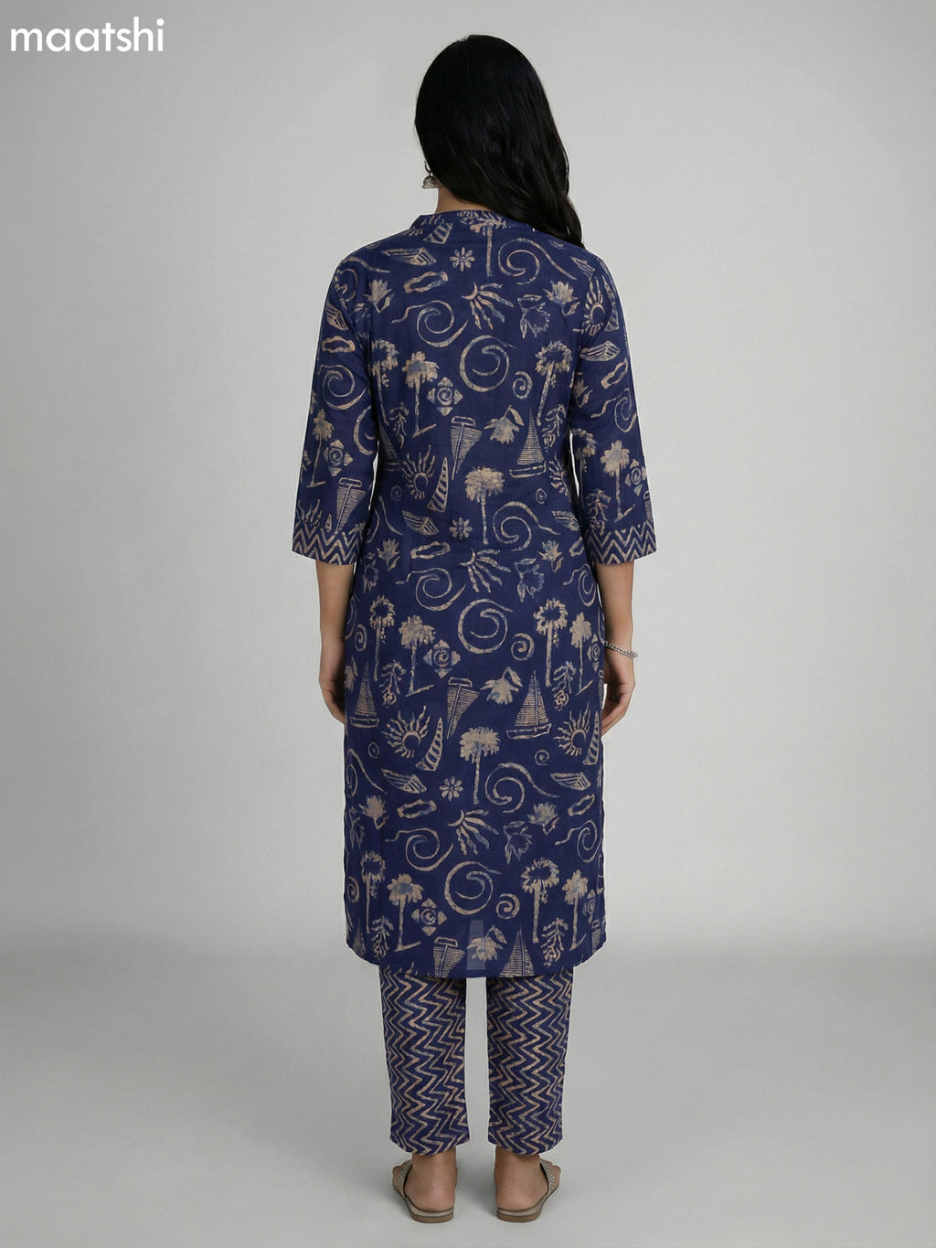 Navy Blue Cotton Printed & Kantha Stich Work Straight Suit
