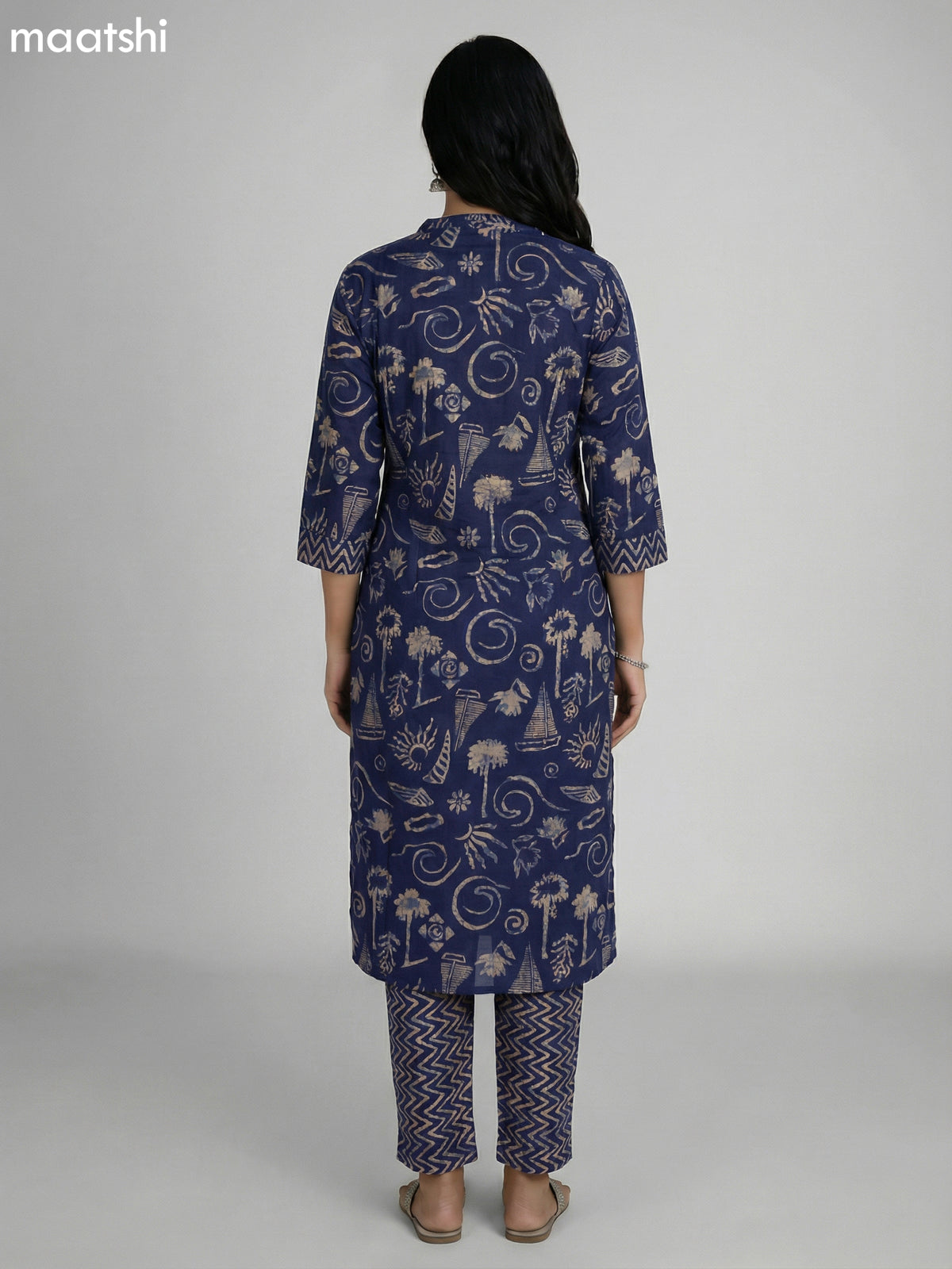 Navy Blue Cotton Printed & Kantha Stich Work Straight Suit