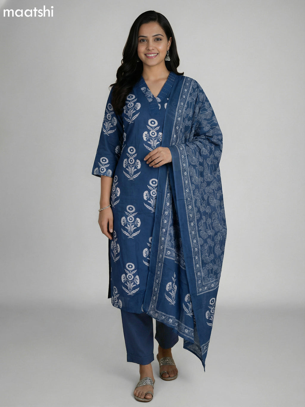 Peacock Blue Cotton Printed Straight Suit