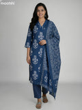 Peacock Blue Cotton Printed Straight Suit