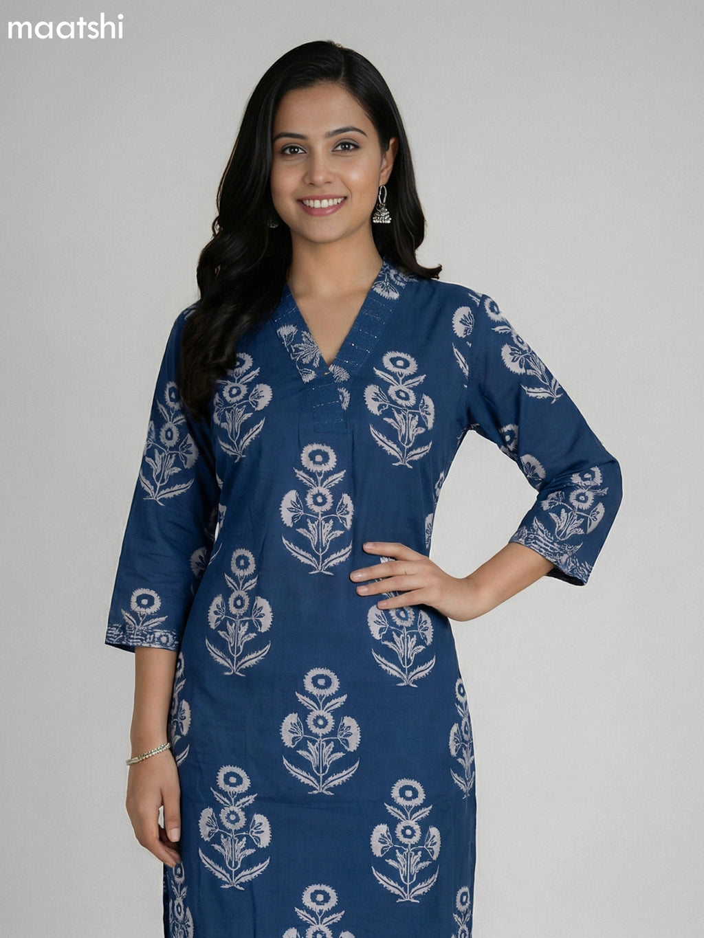 Peacock Blue Cotton Printed Straight Suit