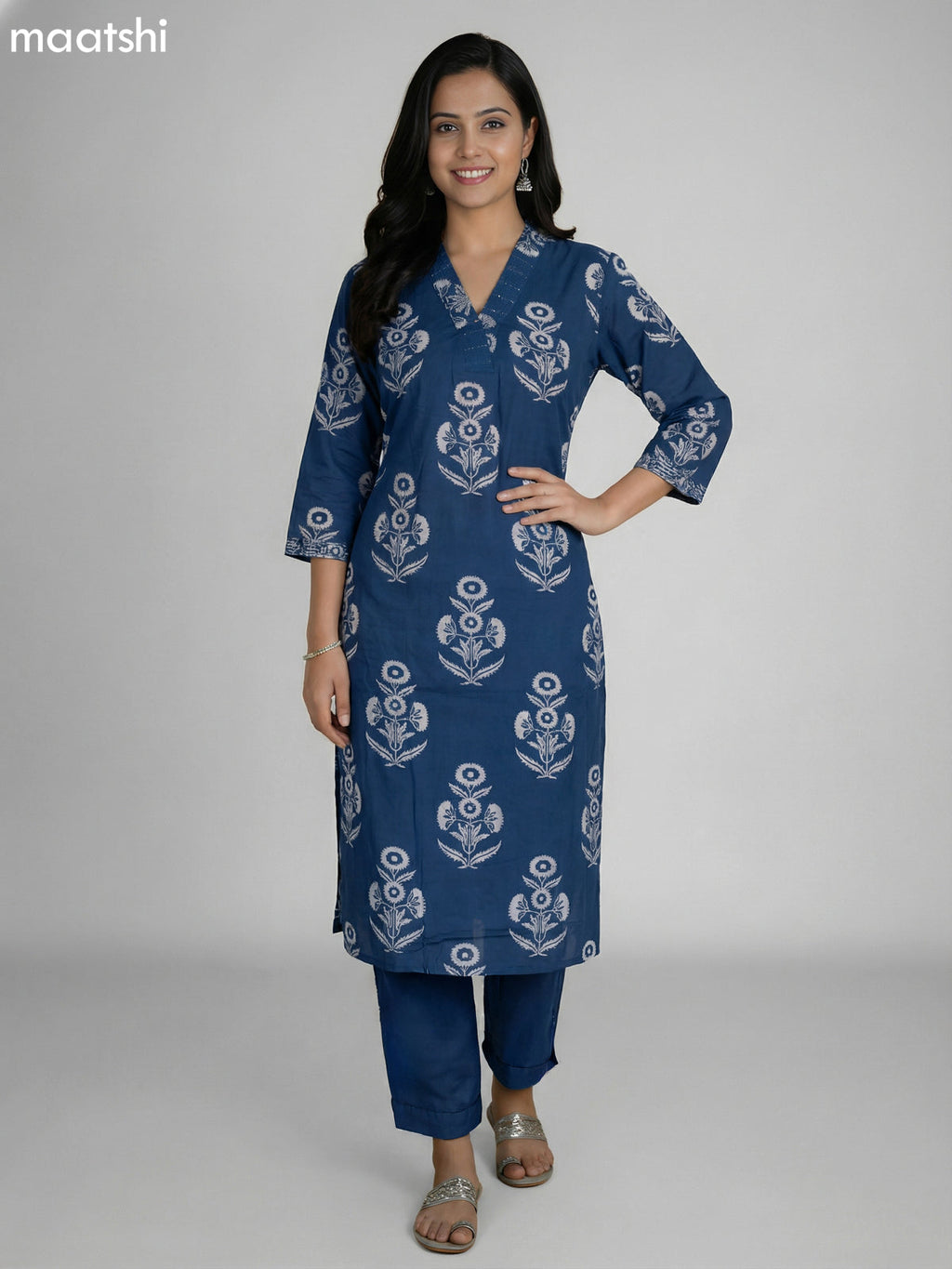 Peacock Blue Cotton Printed Straight Suit