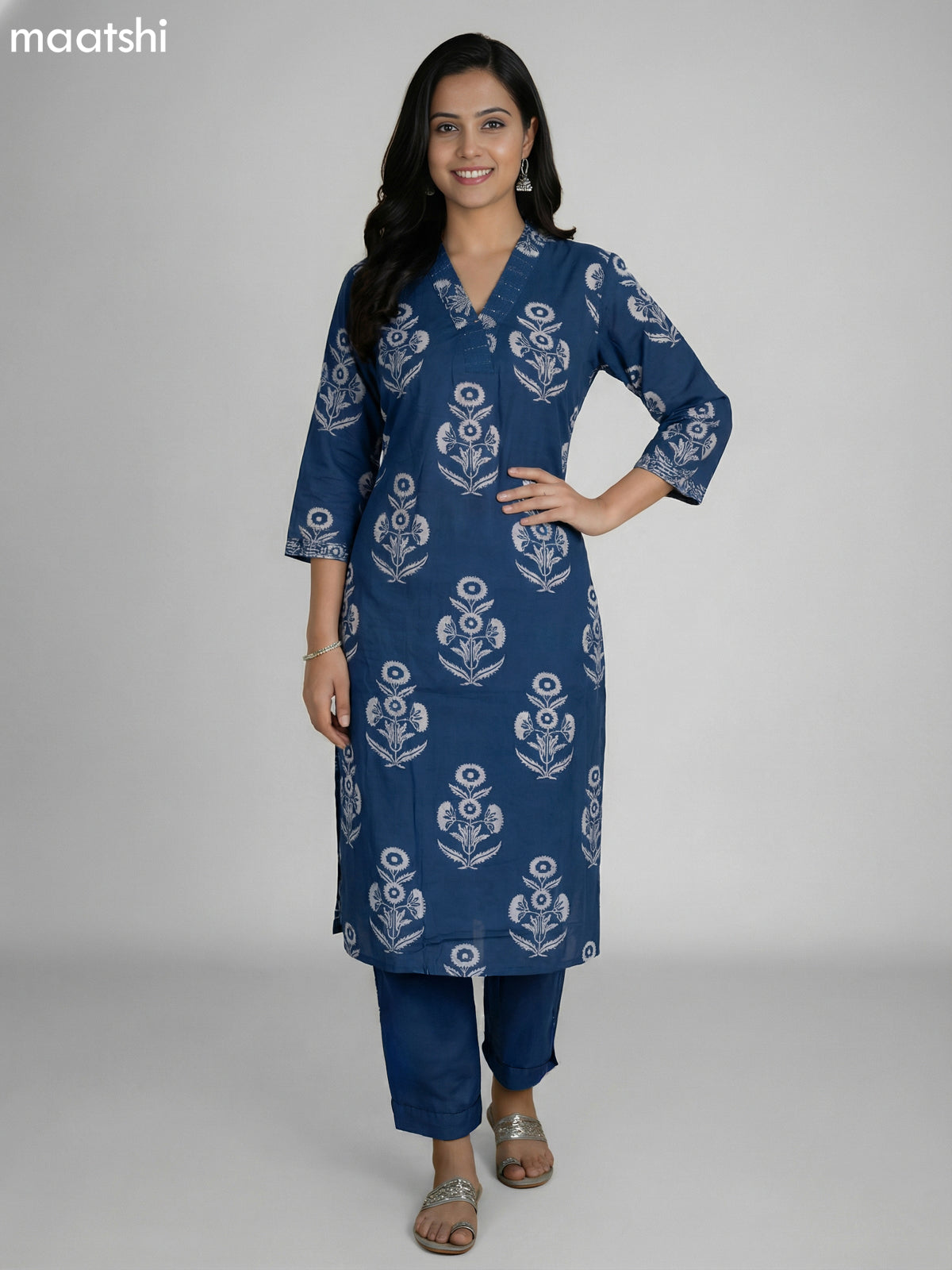 Peacock Blue Cotton Printed Straight Suit
