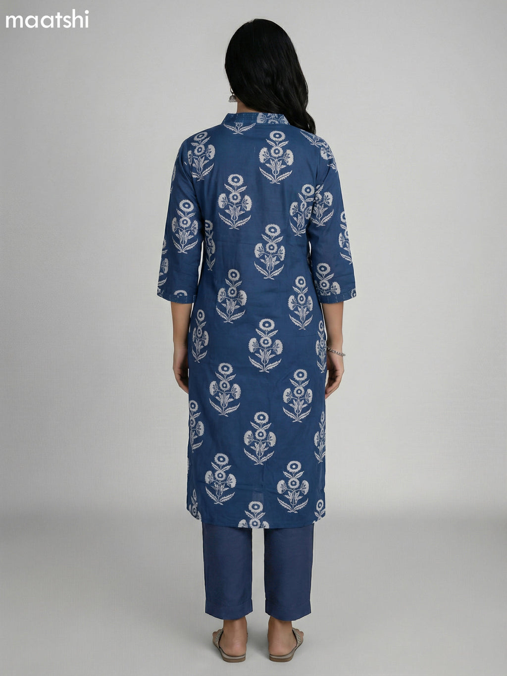 Peacock Blue Cotton Printed Straight Suit
