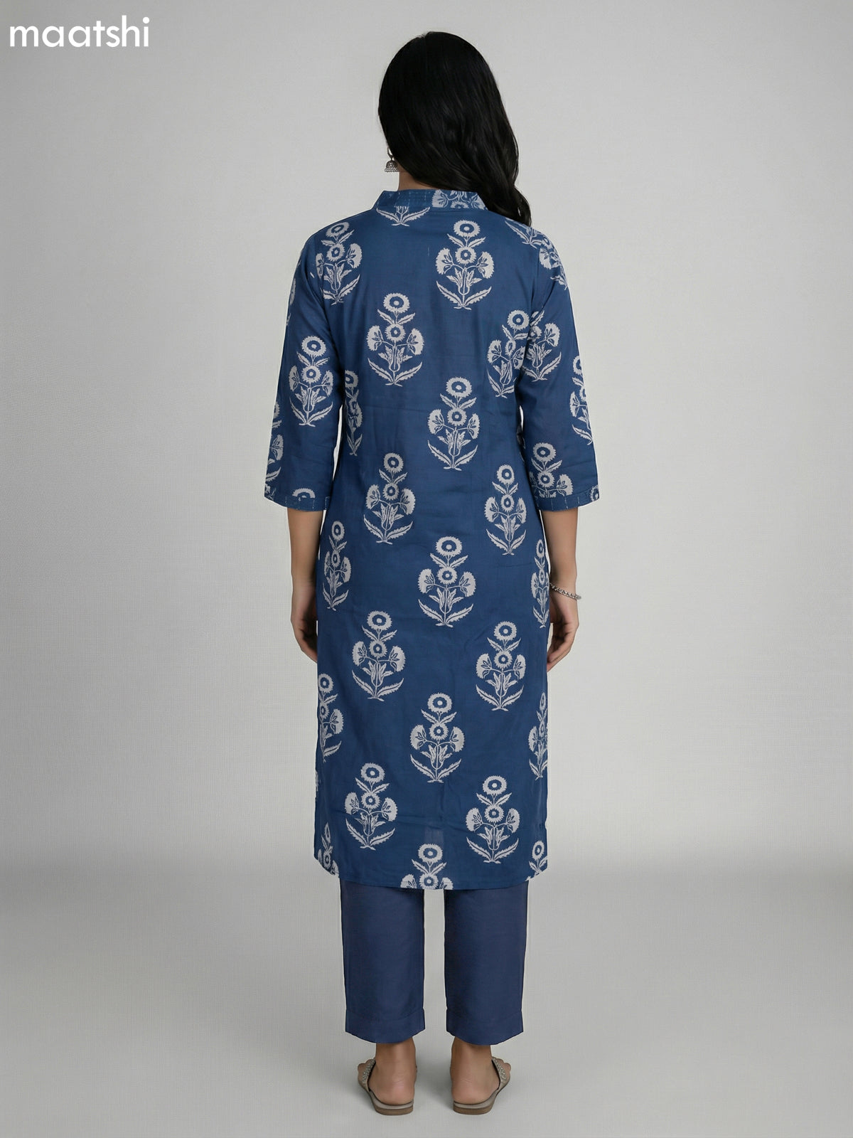 Peacock Blue Cotton Printed Straight Suit