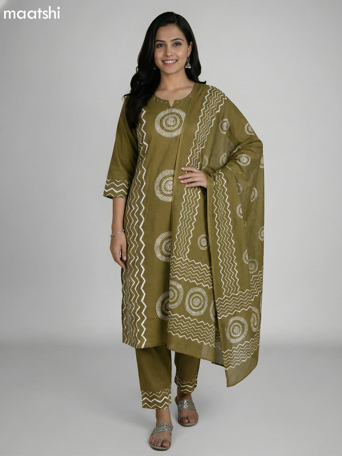 Sap Green Cotton Printed Straight Suit