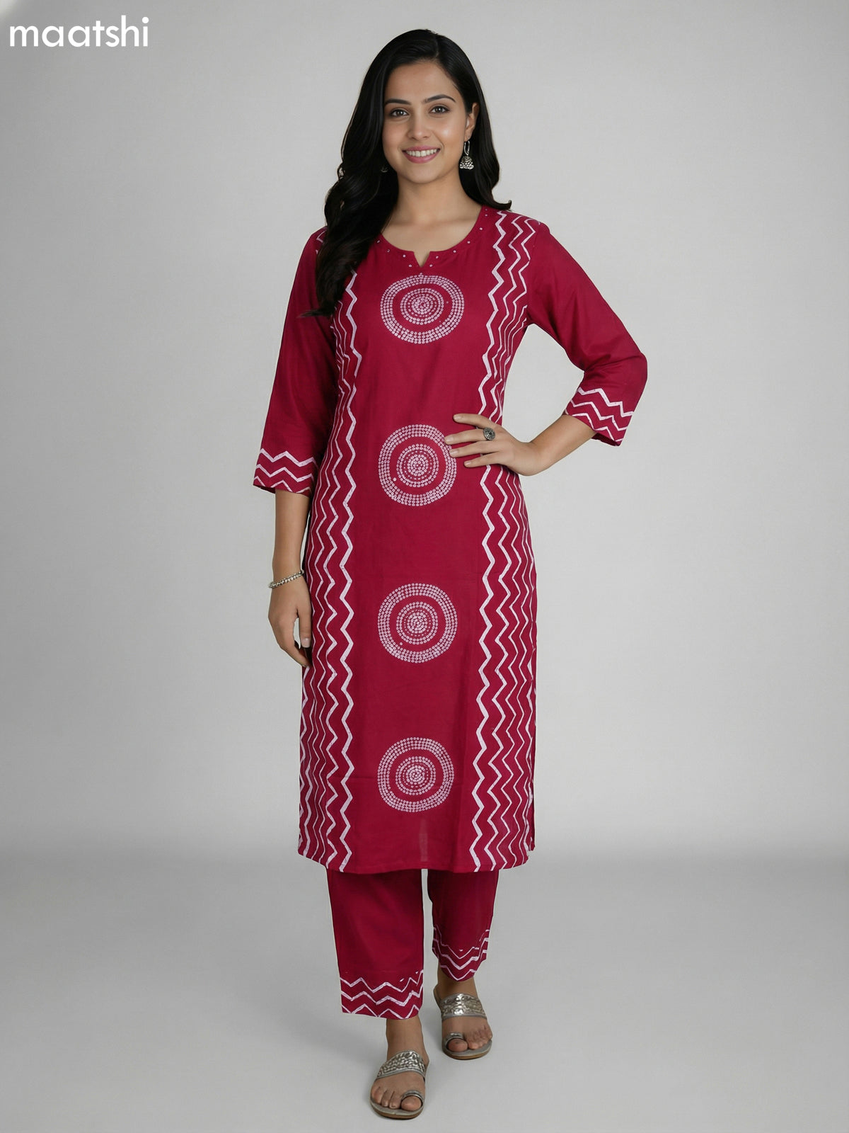 Maroon Cotton Printed Straight Suit