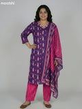 Deep Purple Cotton Ikat Weaves Straight Suit