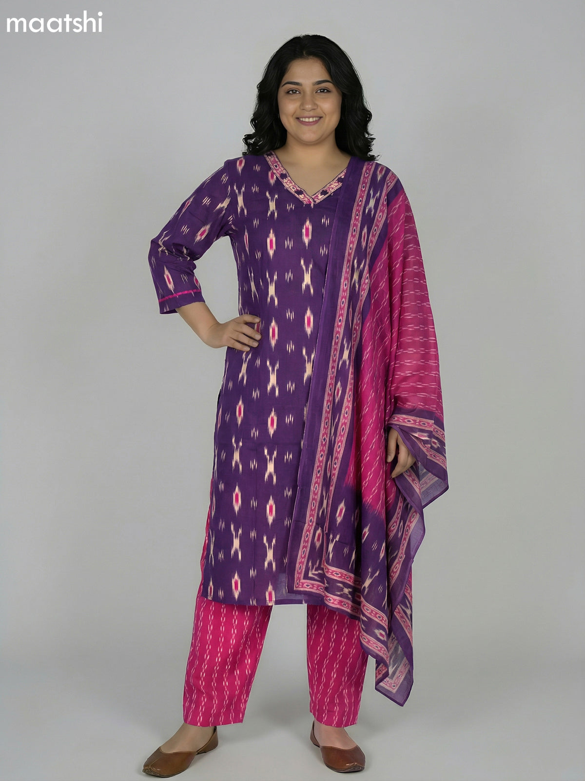 Deep Purple Cotton Ikat Weaves Straight Suit