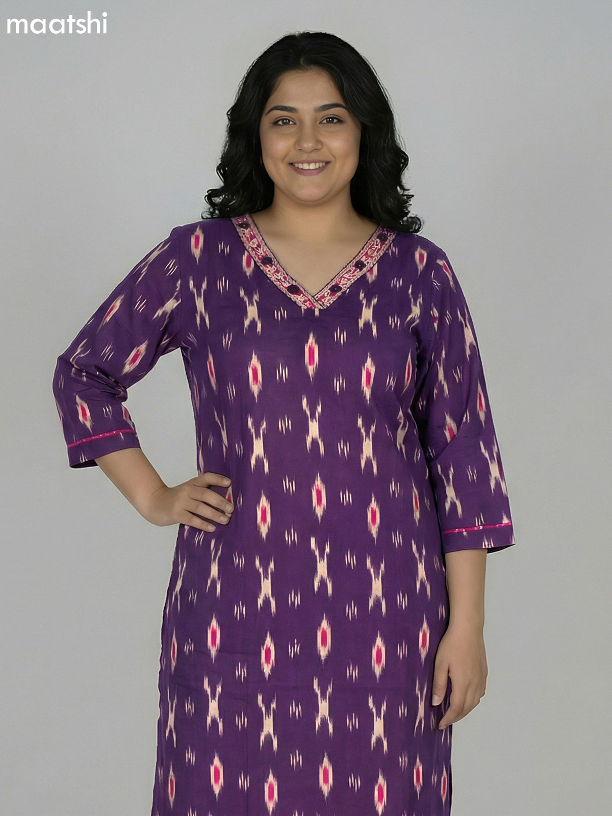 Deep Purple Cotton Ikat Weaves Straight Suit