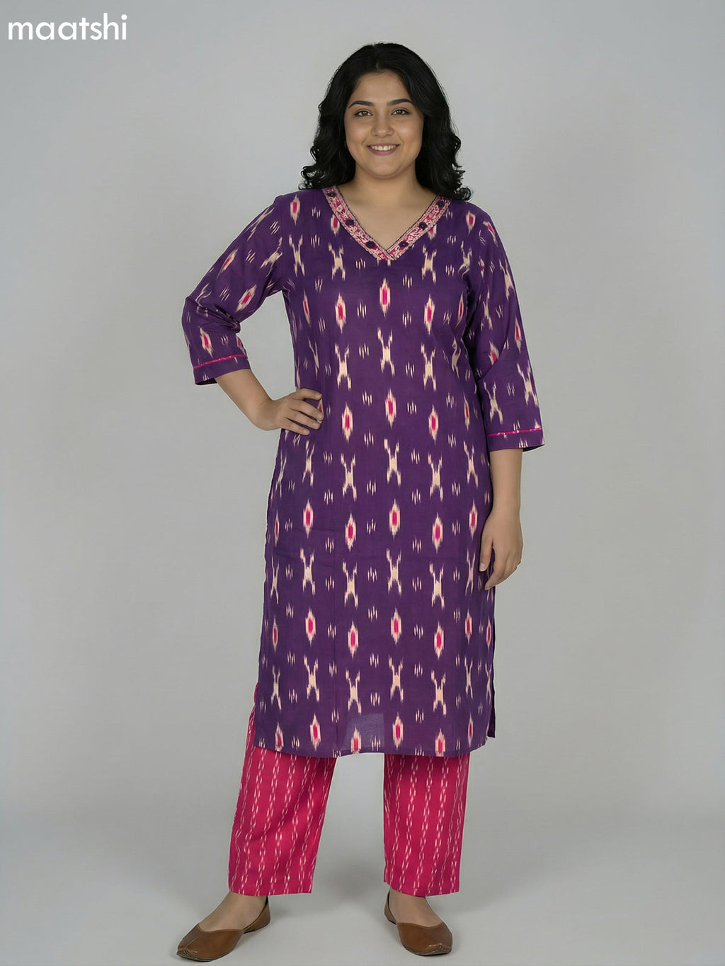 Deep Purple Cotton Ikat Weaves Straight Suit