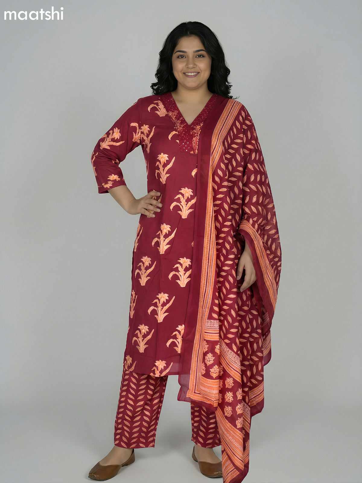 Maroon Cotton Printed Straight Suit