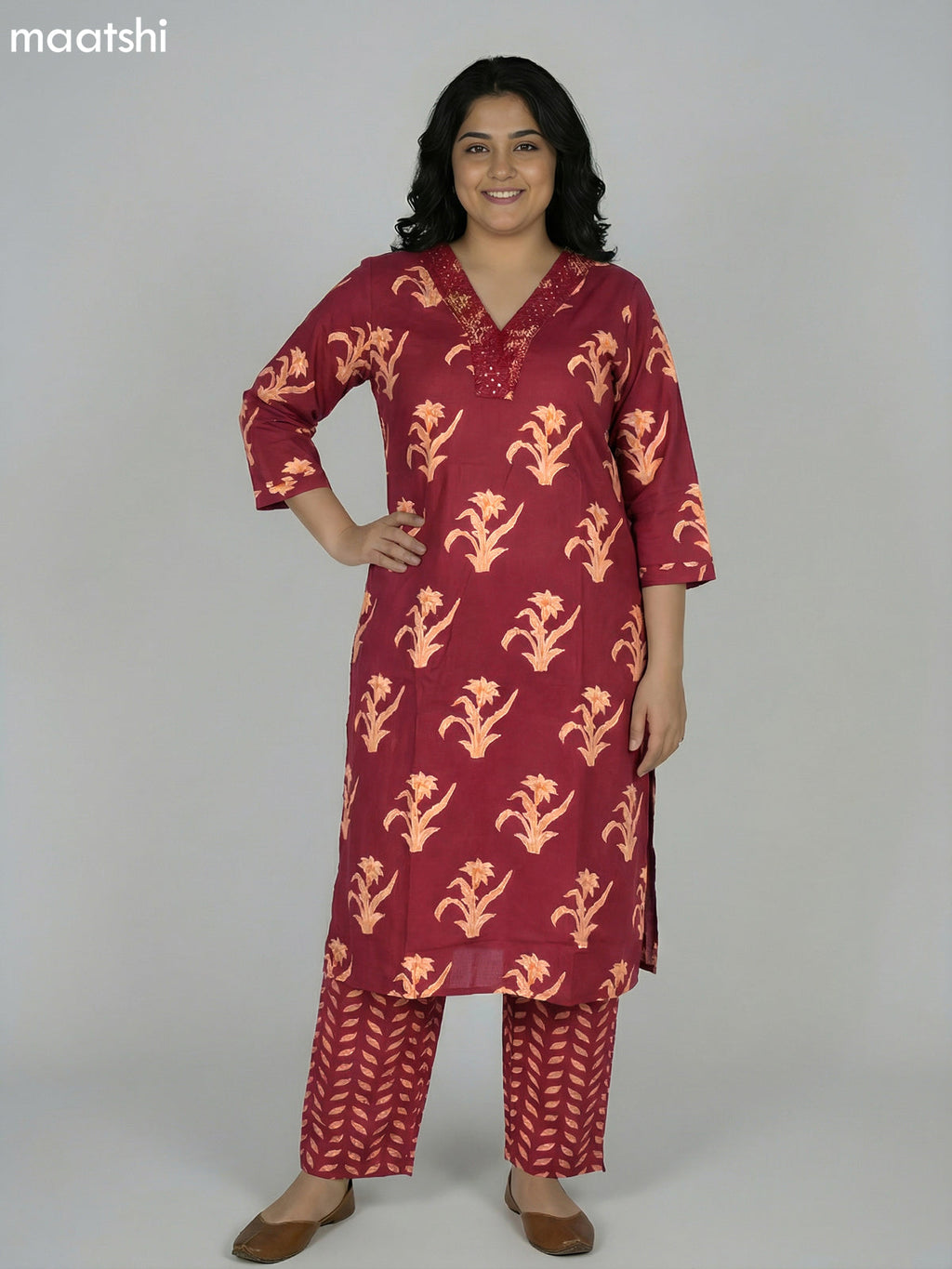 Maroon Cotton Printed Straight Suit