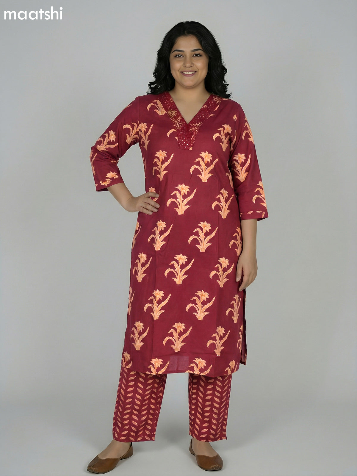Maroon Cotton Printed Straight Suit