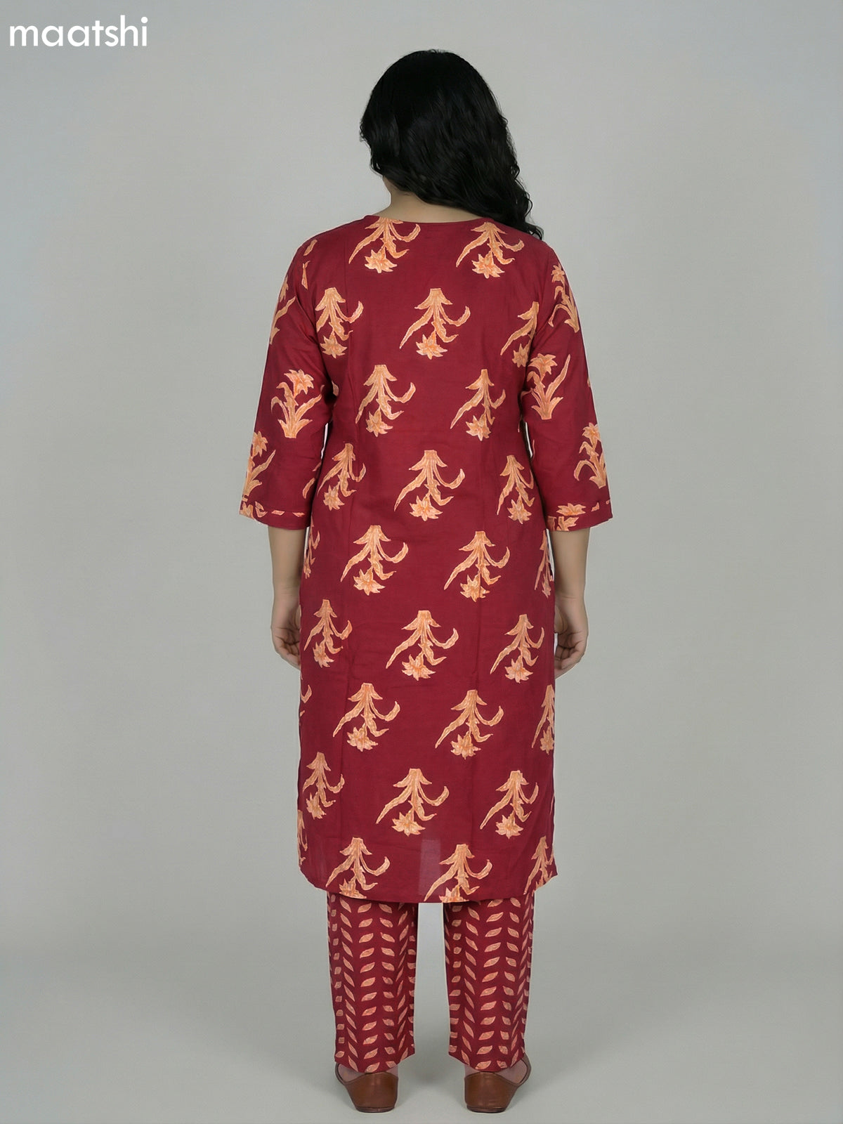 Maroon Cotton Printed Straight Suit
