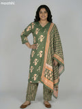 Green Cotton Printed Straight Suit