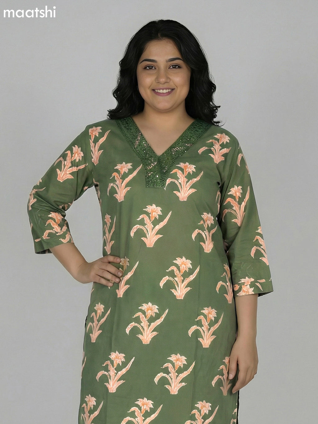 Green Cotton Printed Straight Suit