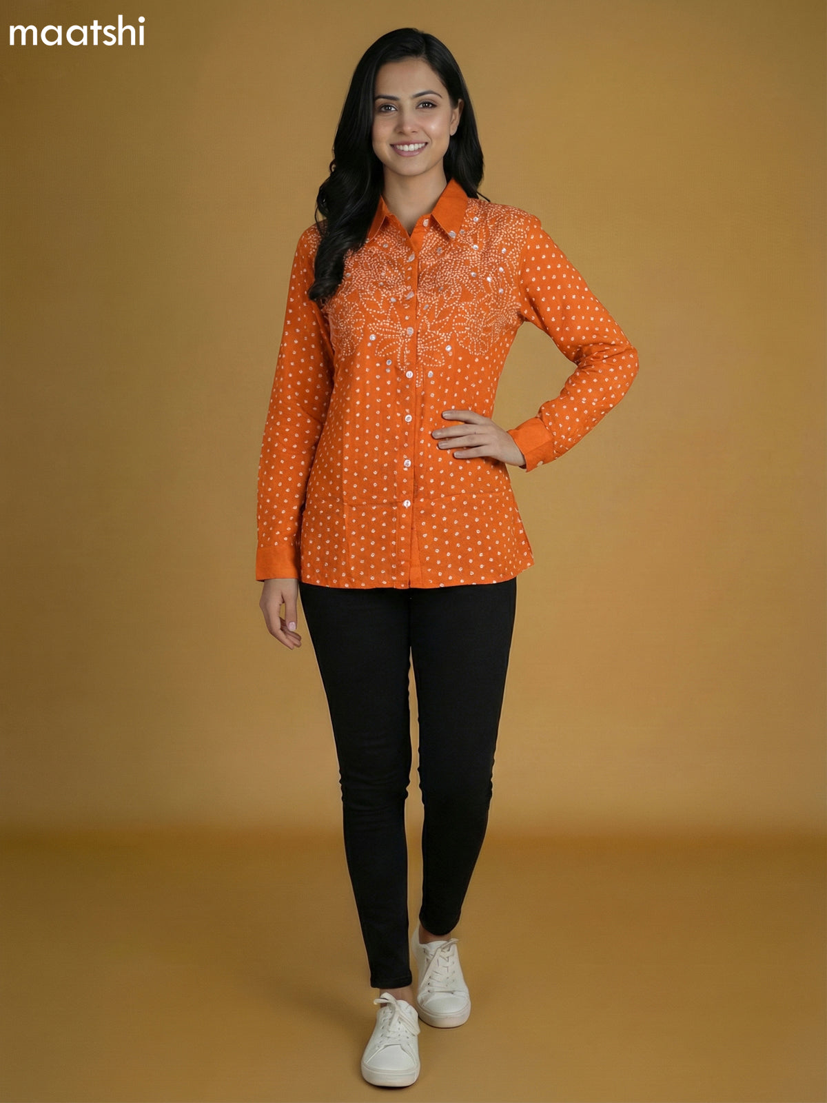 Orange Crepe Silk Bandhini Printed Women Shirt