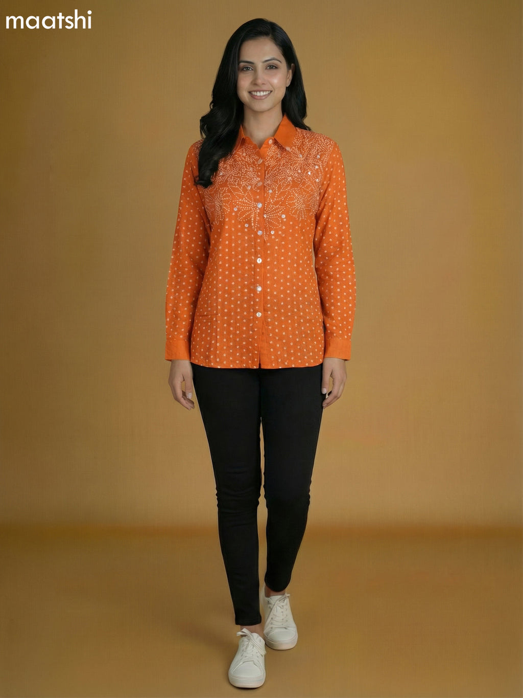 Orange Crepe Silk Bandhini Printed Women Shirt