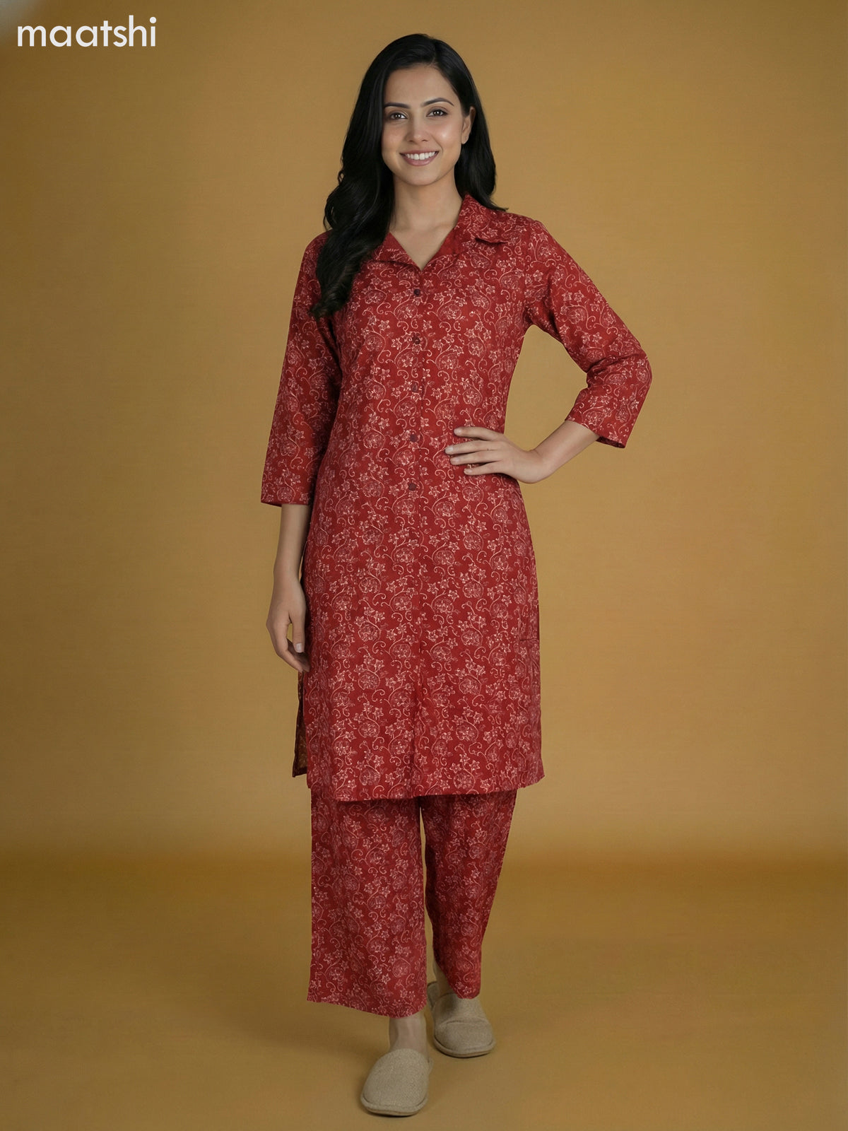 Rustic Maroon Cotton Floral Printed Co-Ord Set